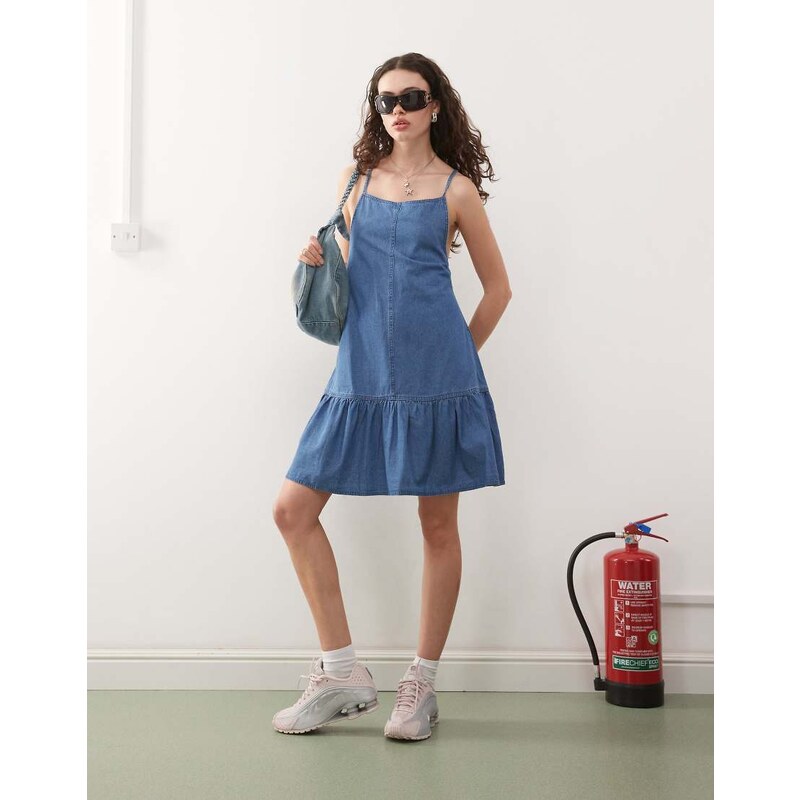 COLLUSION denim tie up backless mini dress in blue 105847791