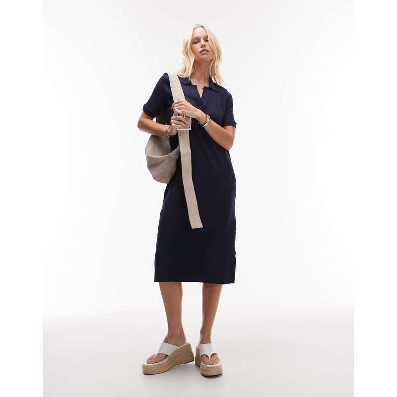ARKET jersey rib midi polo dress in navy 105788605