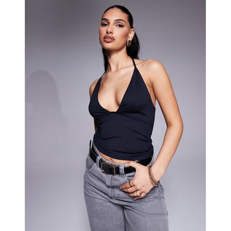 ASOS DESIGN polyamide plunge halter top in black 105785945