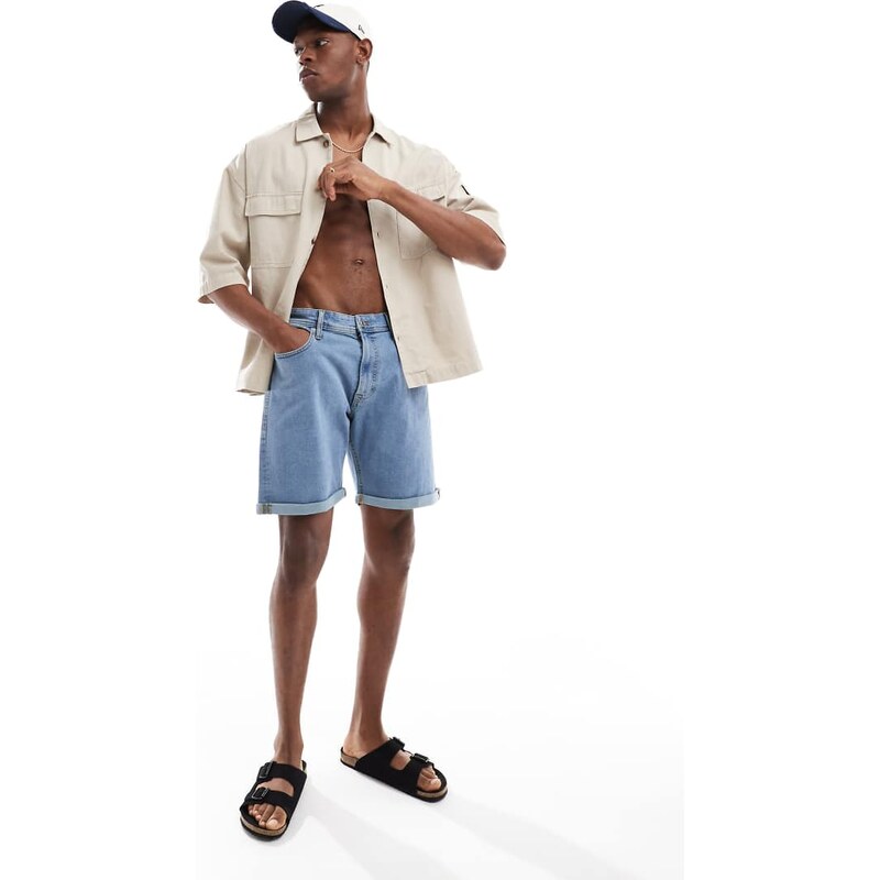JJ Rebel turn up denim short in light blue denim