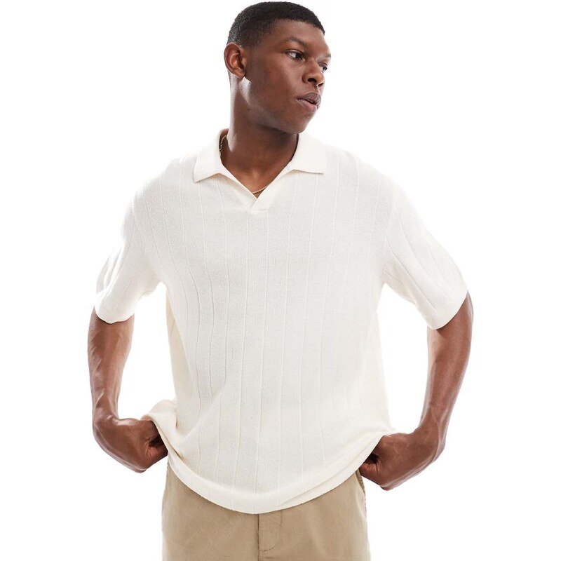 Jack & Jones open neck polo in rib in cream-White