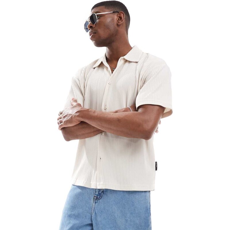 Jack & Jones plisse shirt in cream-White