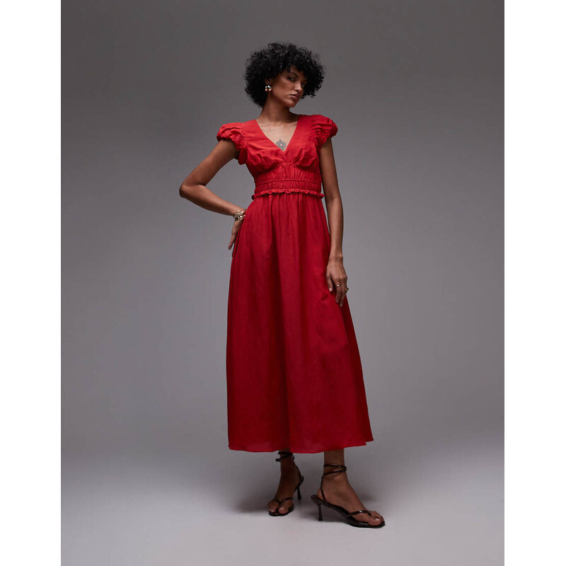& Other Stories midi dress with tier hem and ruffle sleeves in red 105795569