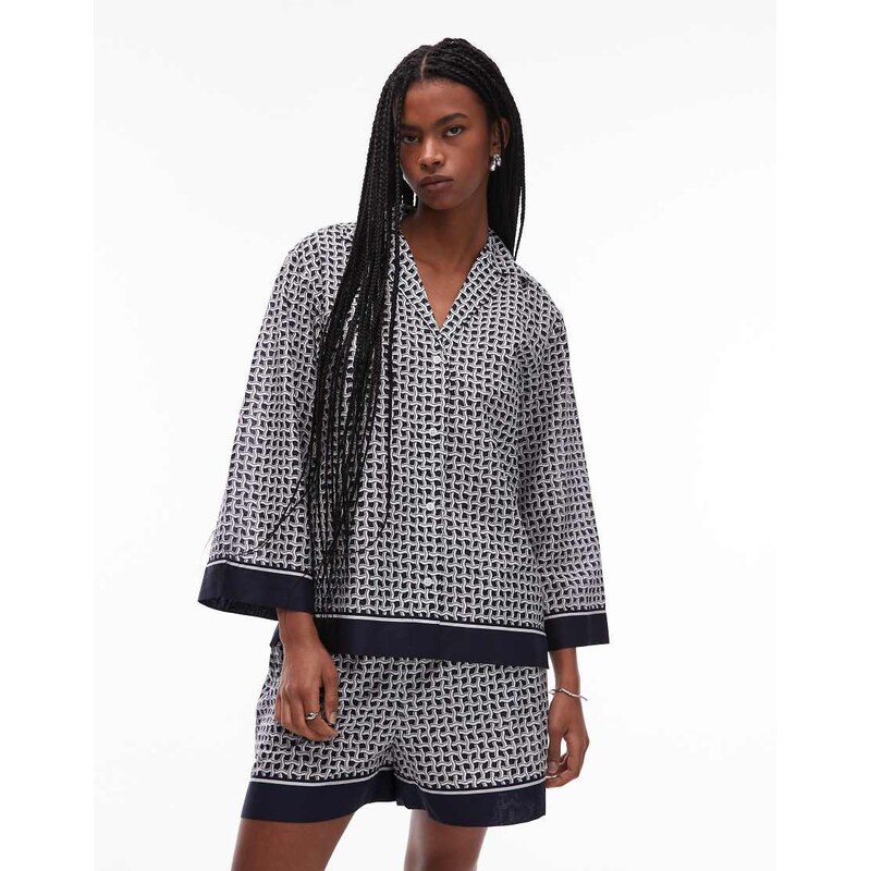 ARKET loose fit beach shirt with revere collar in blue abstract tile 105877432