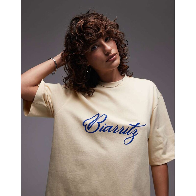 Topshop jersey Biarritz graphic oversized t shirt in buttermilk yellow 105997206