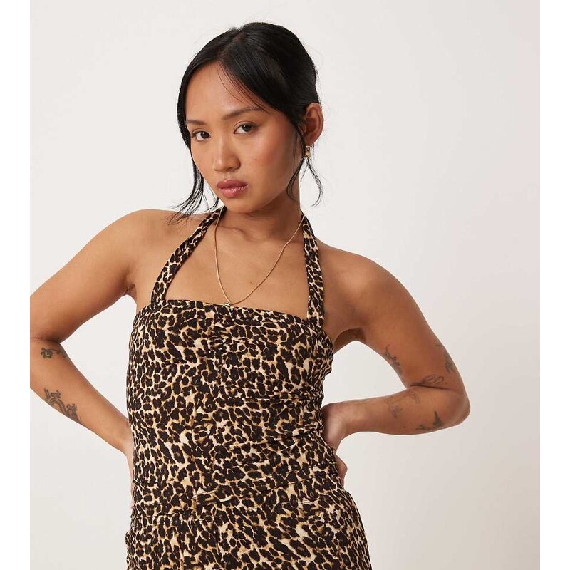 Vila Petite slinky jersey halter neck top co-ord in leopard print 105666717