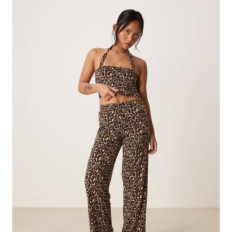 Vila Petite slinky jersey trouser co-ord in leopard print-Multi 105997043