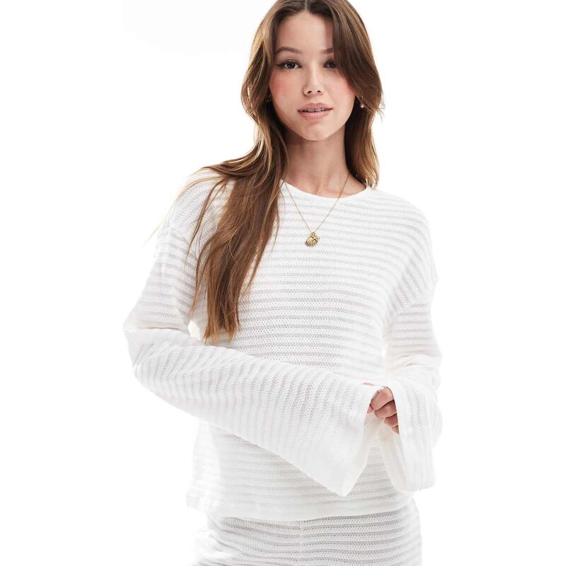 Pieces mix and match self stripe knitted wide sleeve top in off white 105795536