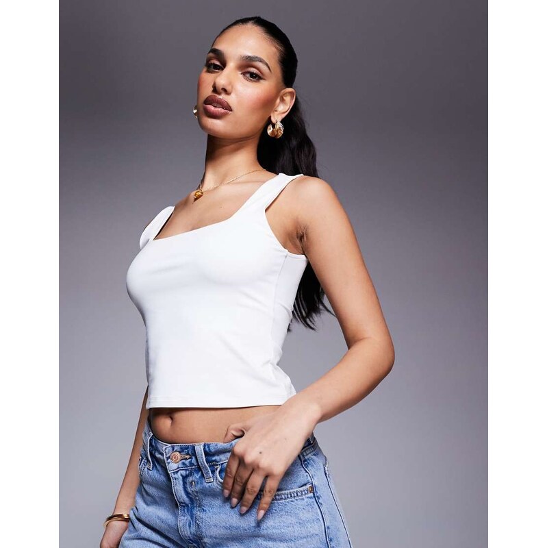 ASOS DESIGN polyamide slinky square neck top in ivory-White 105795591
