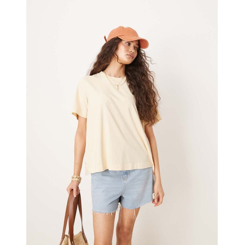 ASOS DESIGN oversized t-shirt with broderie back detail in washed cream-White