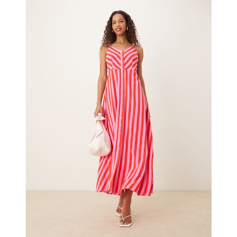 YAS button front cami maxi dress in pink and red stripe-Multi 107943657