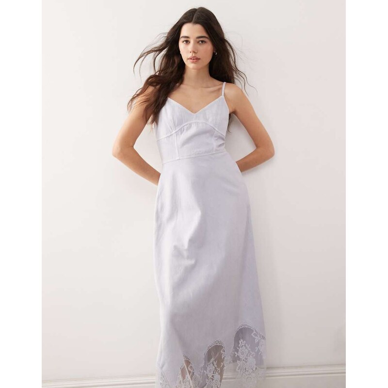 Reclaimed Vintage denim lace insert strappy cami midi dress in light 106512441