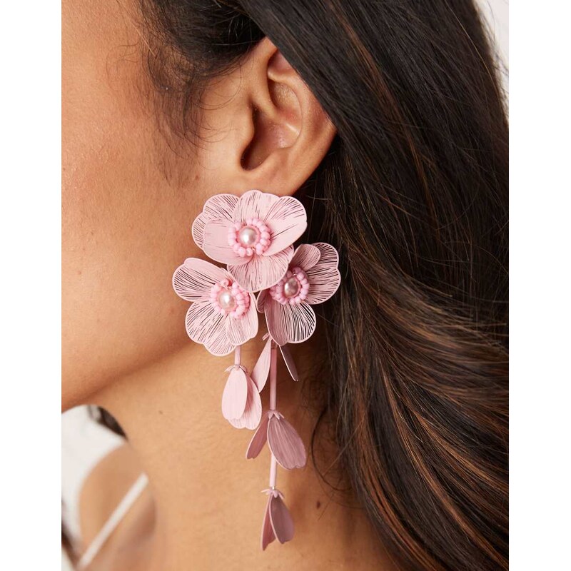 ASOS DESIGN drop earrings with 3D floral design in light pink