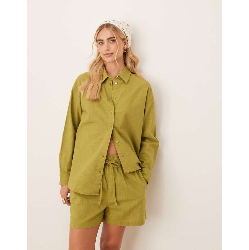 ASOS DESIGN oversized linen look shirt co-ord in olive-Green