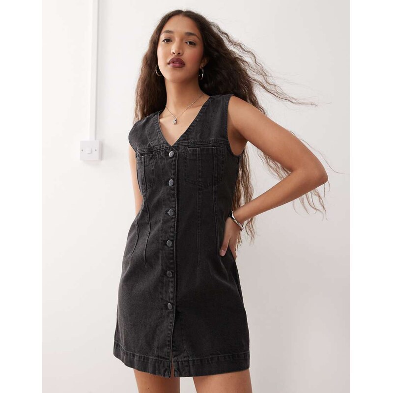 Noisy May denim waistcoat mini dress in washed black 105809792