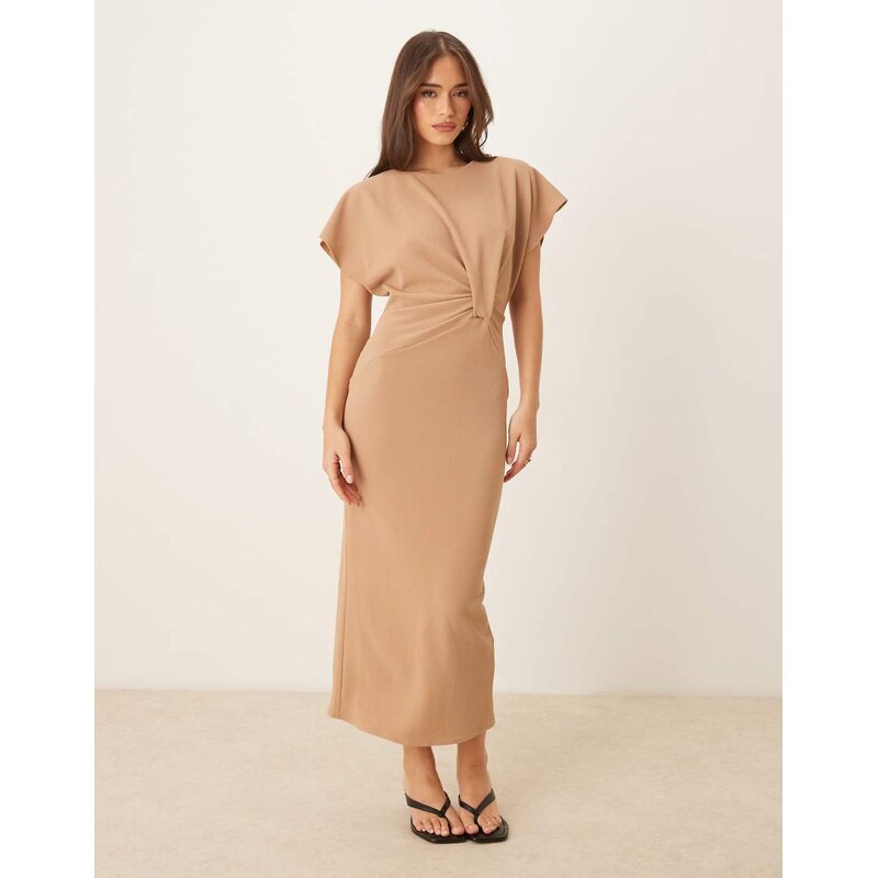 ASOS DESIGN short sleeve twist front midi dress beige-Neutral