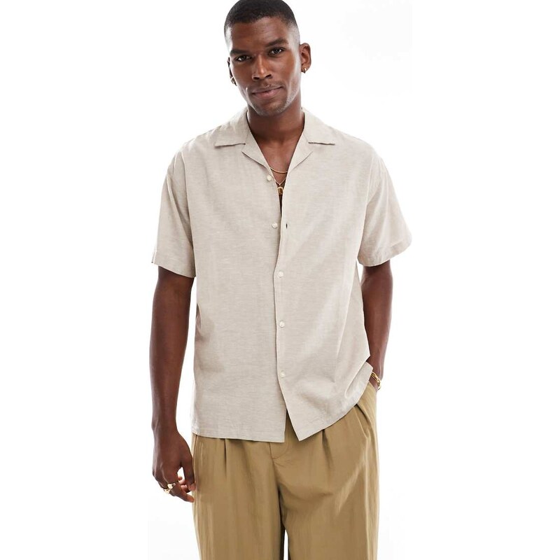 Jack & Jones revere collar linen blend shirt in beige-Neutral