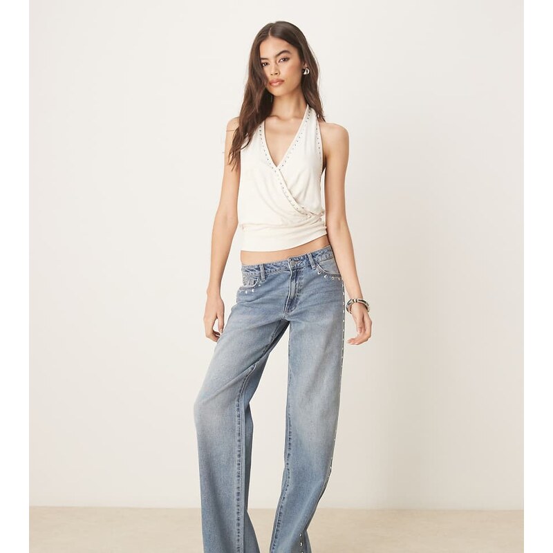 JDY Tall western wide leg jeans with studs detail in light blue wash 106107419