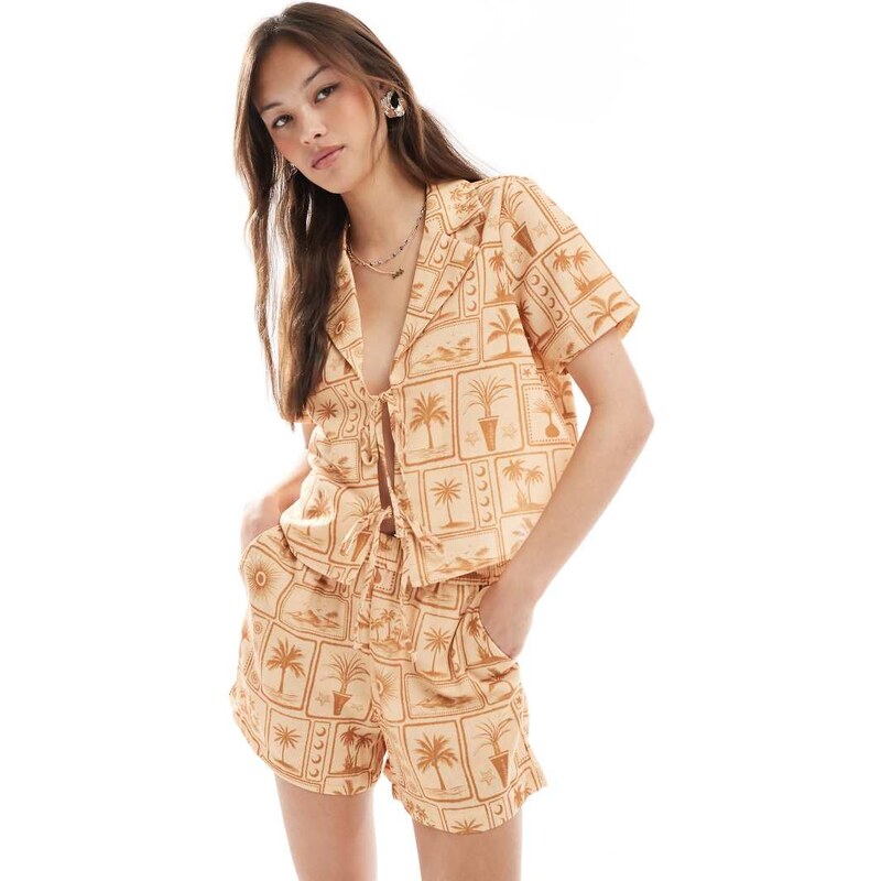 Vero Moda boxy tie front shirt co-ord in tonal postcard print-Multi