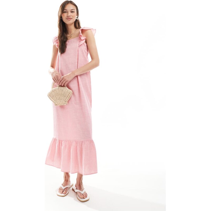 Pieces flutter strap tiered cami maxi dress in pink stripe 105814171