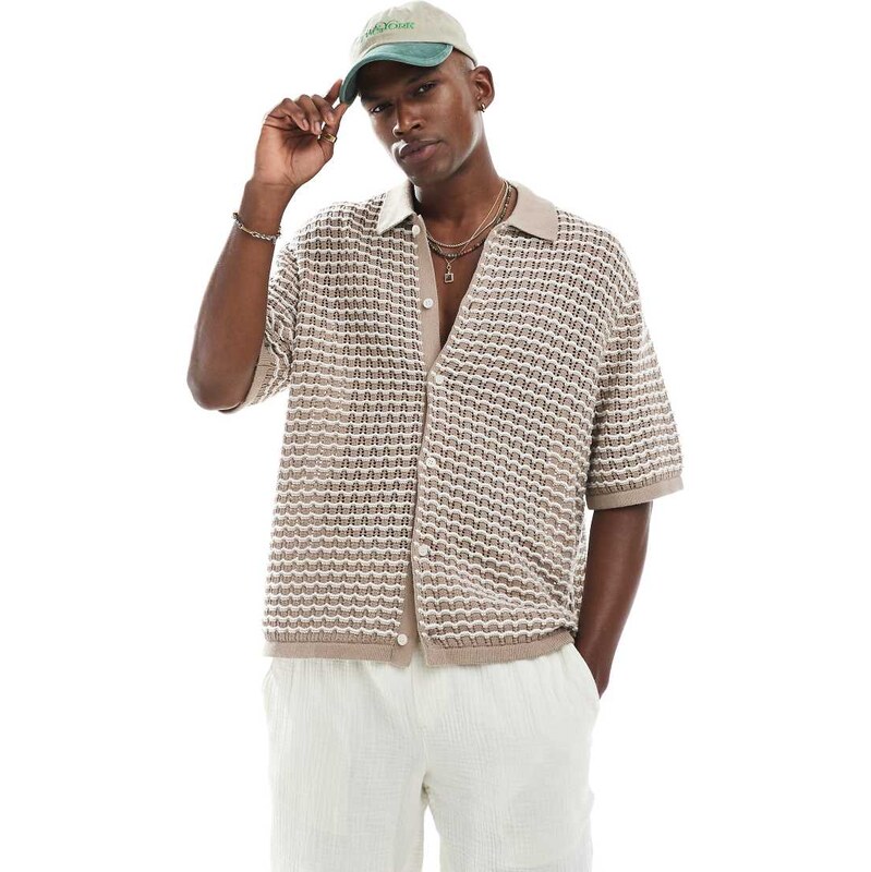 Jack & Jones crochet button through polo in beige-Neutral