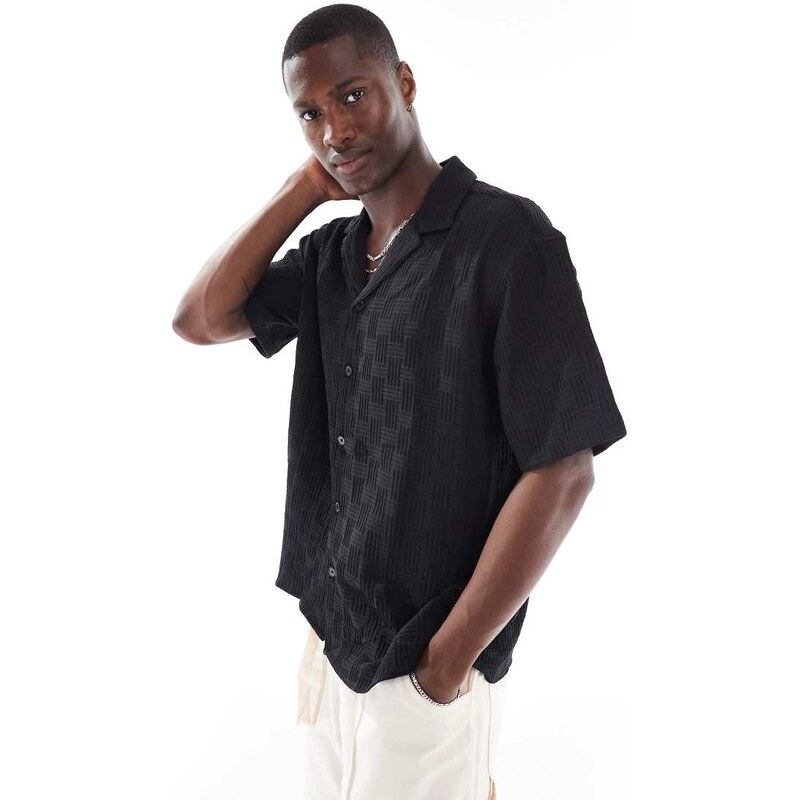 Jack & Jones revere collar textured short sleeve shirt in black
