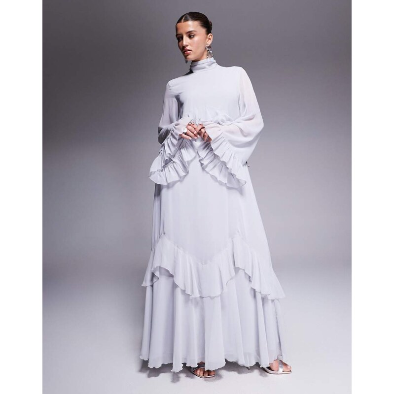 Daska layerd ruffle high neck maxi dress in soft blue 105814274