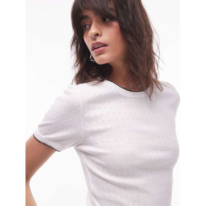 Topshop contrast binding pointelle tee in ivory-White 106230370