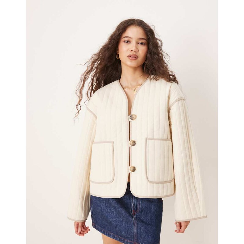Selected quilted jacket in cream with pockets-White