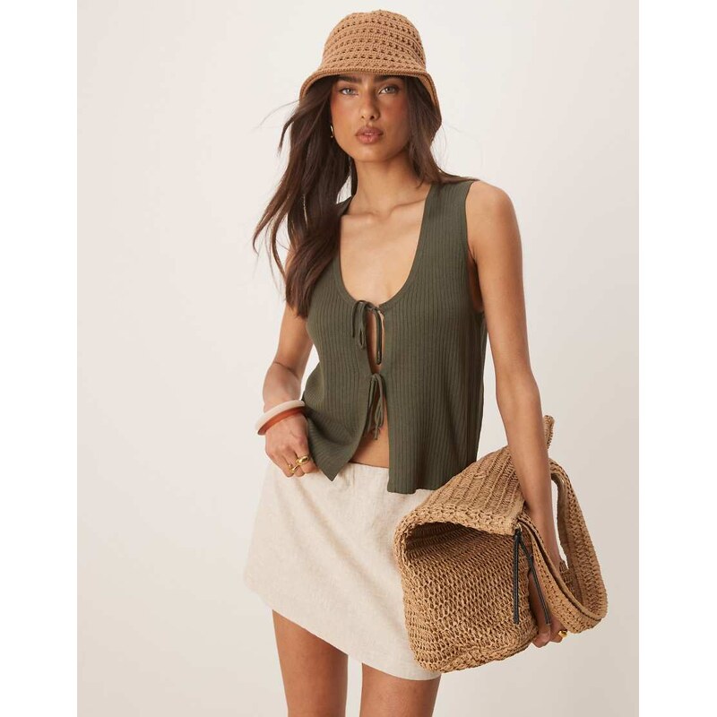 JDY tie front reversible knitted vest in khaki-Green 105830594