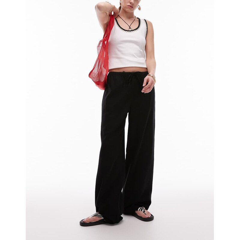 Topshop linen straight leg trouser in black