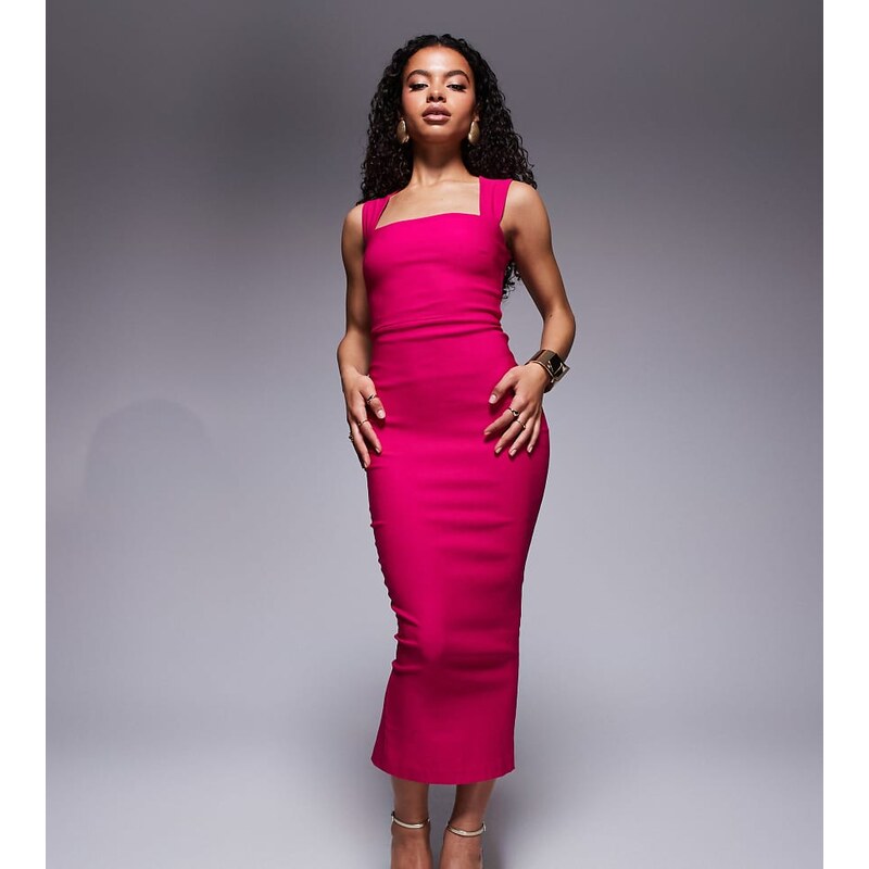 Vesper Petite bengaline square neck thick strap midaxi dress in