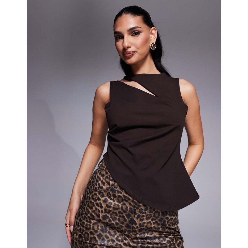 ASOS DESIGN cut out asymmetric hem structured top in chocolate-Brown 105852181