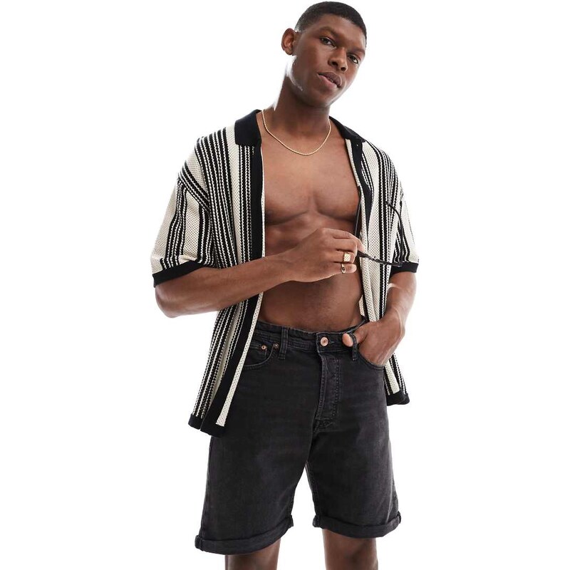 Jack & Jones denim short with turn up in black wash