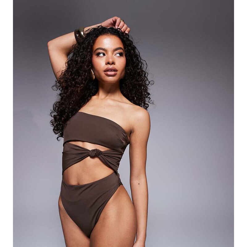 ASOS Petite ASOS DESIGN Petite Nina knot swimsuit in chocolate brown 105819489