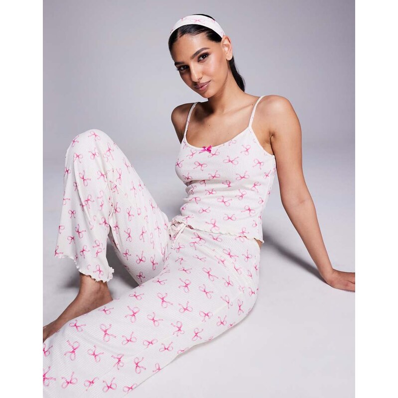 River Island bow print lounge set in cream-White