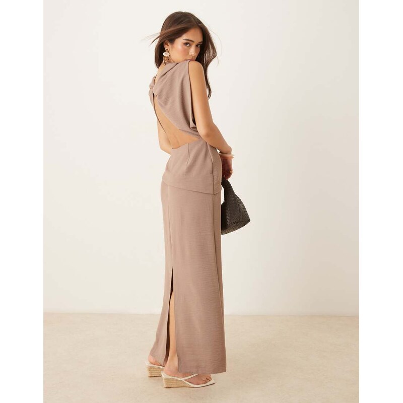 ASOS DESIGN asymmetric twist back midi dress in mocha-Brown