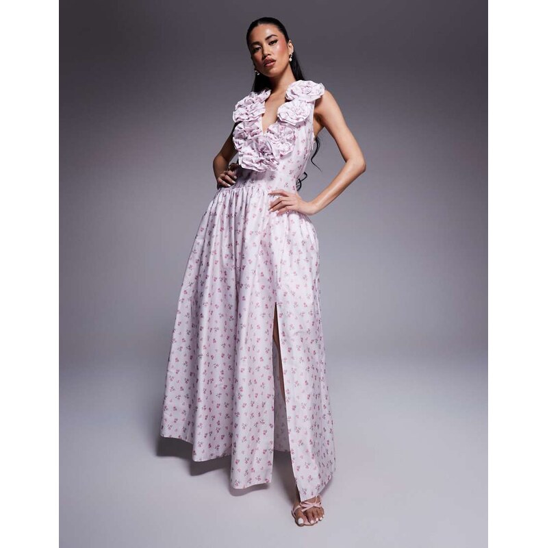 ASOS LUXE plunge drop waist corsage maxi dress in ditsy floral-Pink 105858263