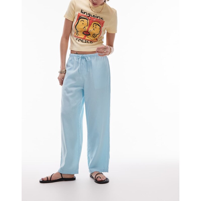 Topshop mid rise linen awkward length trouser in powder blue 105851807