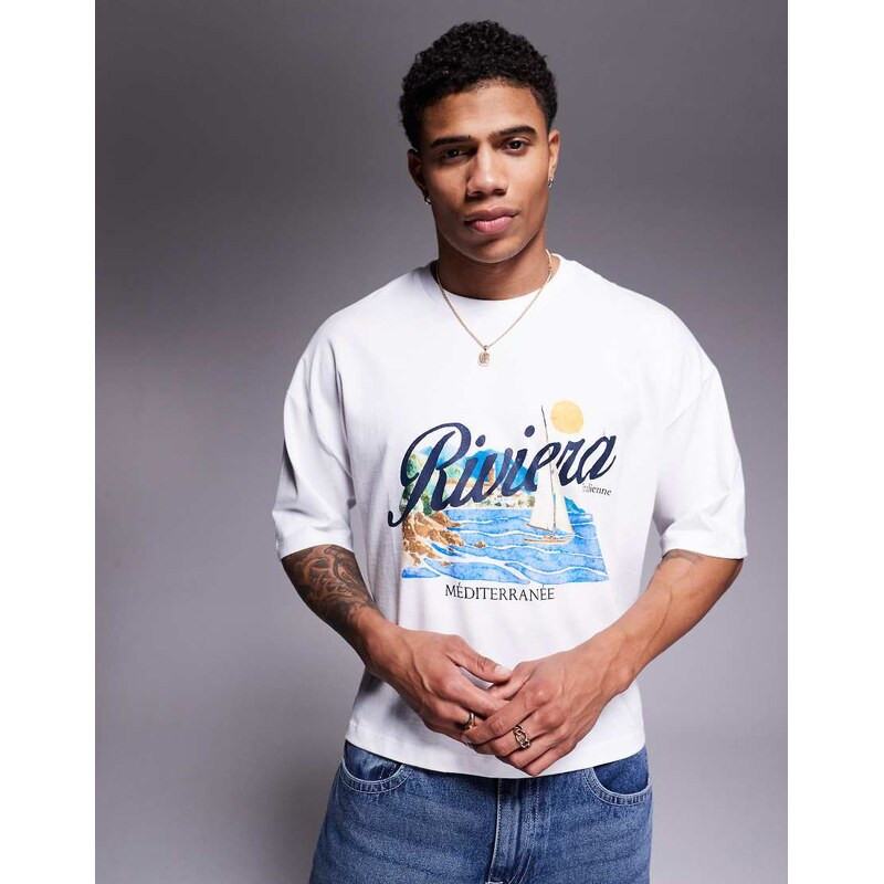 ASOS DESIGN cropped oversized t-shirt with sailing graphic in white