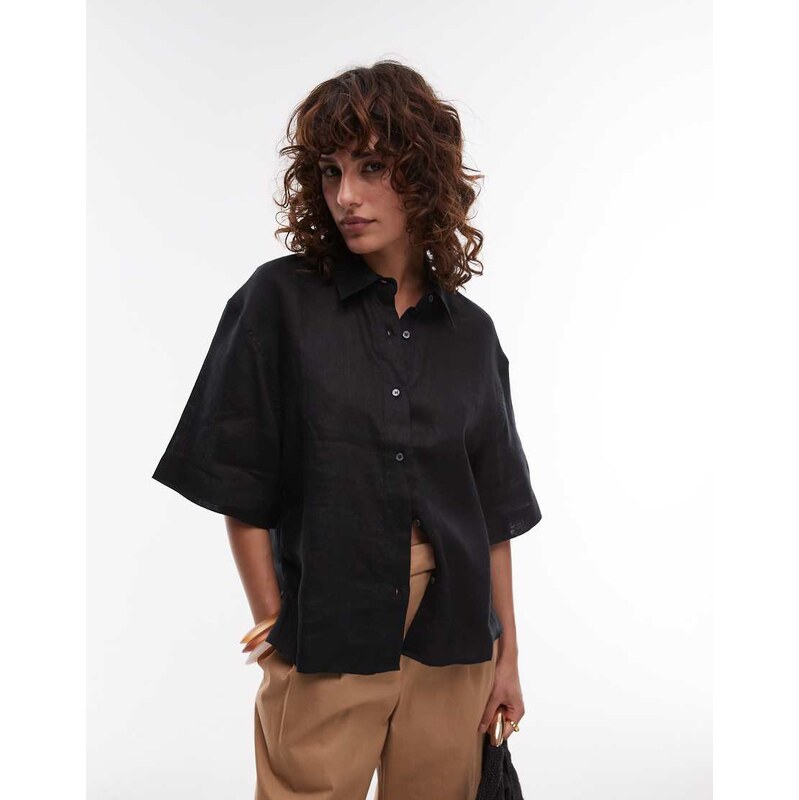 ARKET short sleeve linen shirt in black 105935833