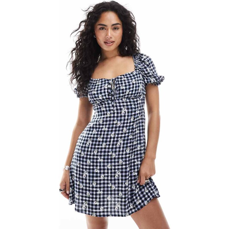 New Look milkmaid mini dress in blue gingham