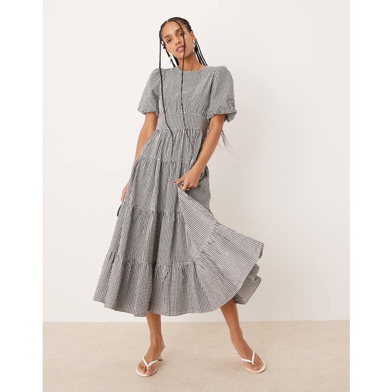 Nobodys Child Ricky puff sleeve midi dress in mono gingham-Black