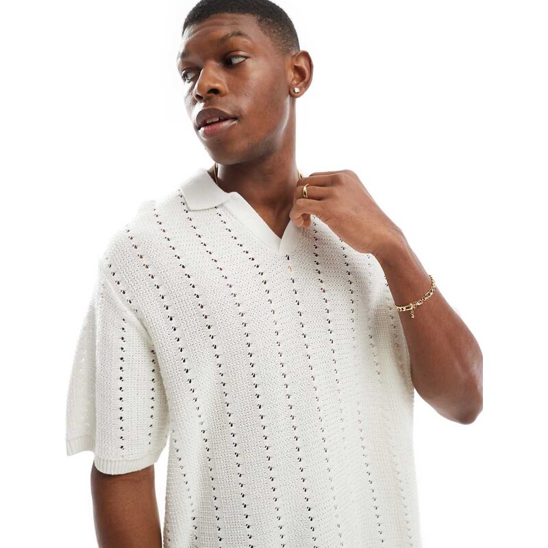 Jack & Jones split neck polo in crochet in white
