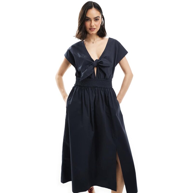 French Connection Barletta cotton poplin tie midi dress in navy 105981729