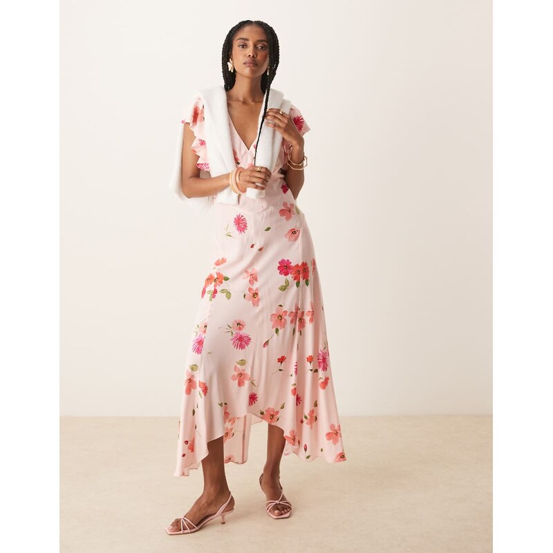 Nobodys Child Loubelle frill sleeve midi dress in pink floral