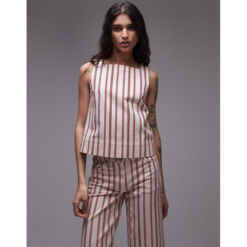 Topshop denim square neck shell top in red stripe-Multi 105828929
