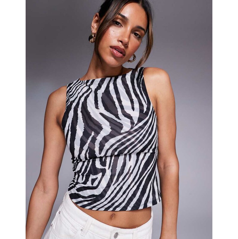 ASOS DESIGN boat neck double layer mesh top in zebra print-Multi 105828996