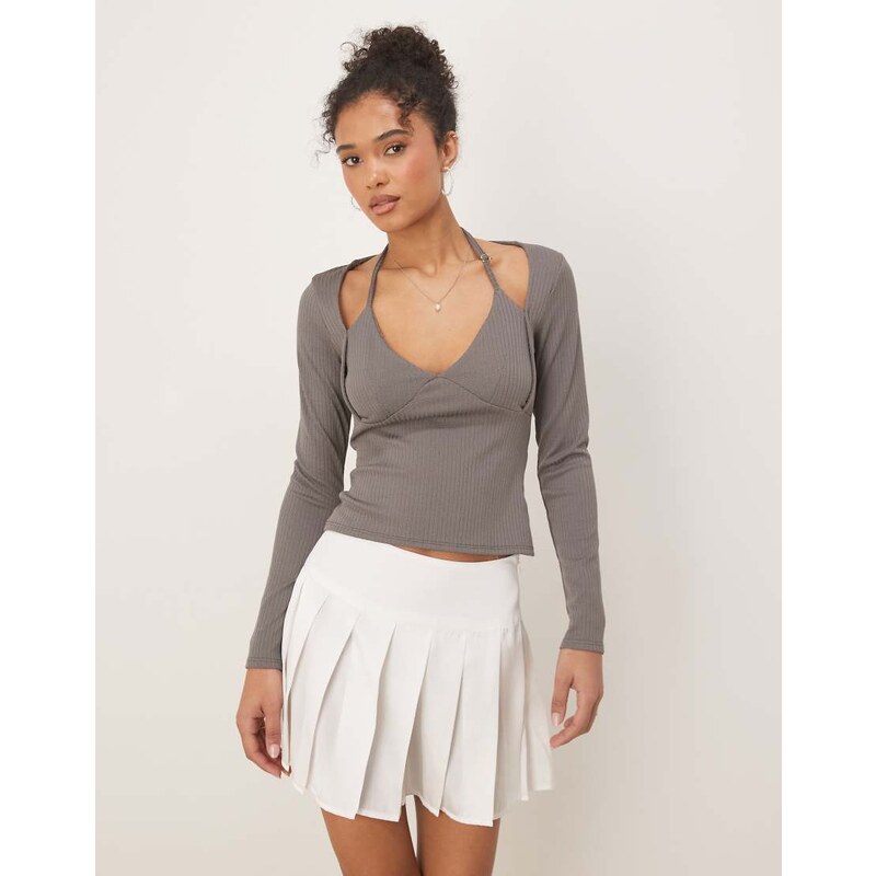 ASOS DESIGN rib halter neck long sleeve top in grey 105882534