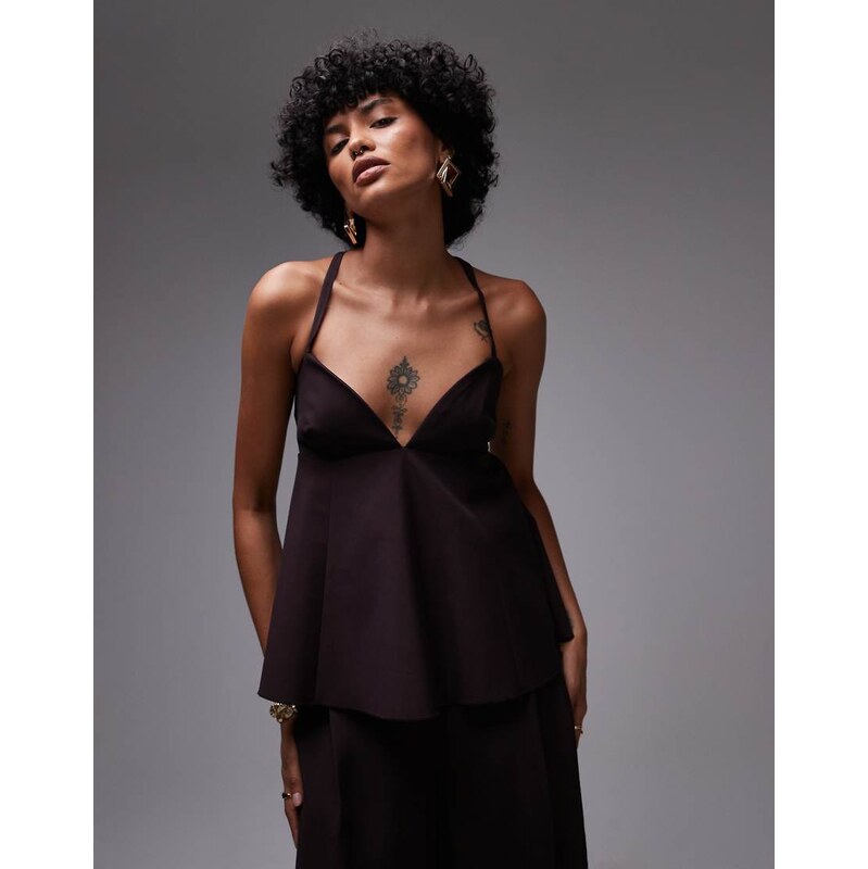 Mango structured open back peplem hem top co-ord in chocolate-Brown 105833750